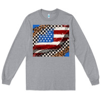 Heather Grey American flag and race flag Long Sleeve Tee - AdoDesignShop
