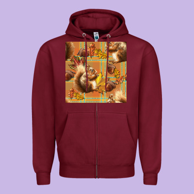 Fall Squirrel And Plaid Seamless Zipper Hoodie Designed By Bundleandbundleshop