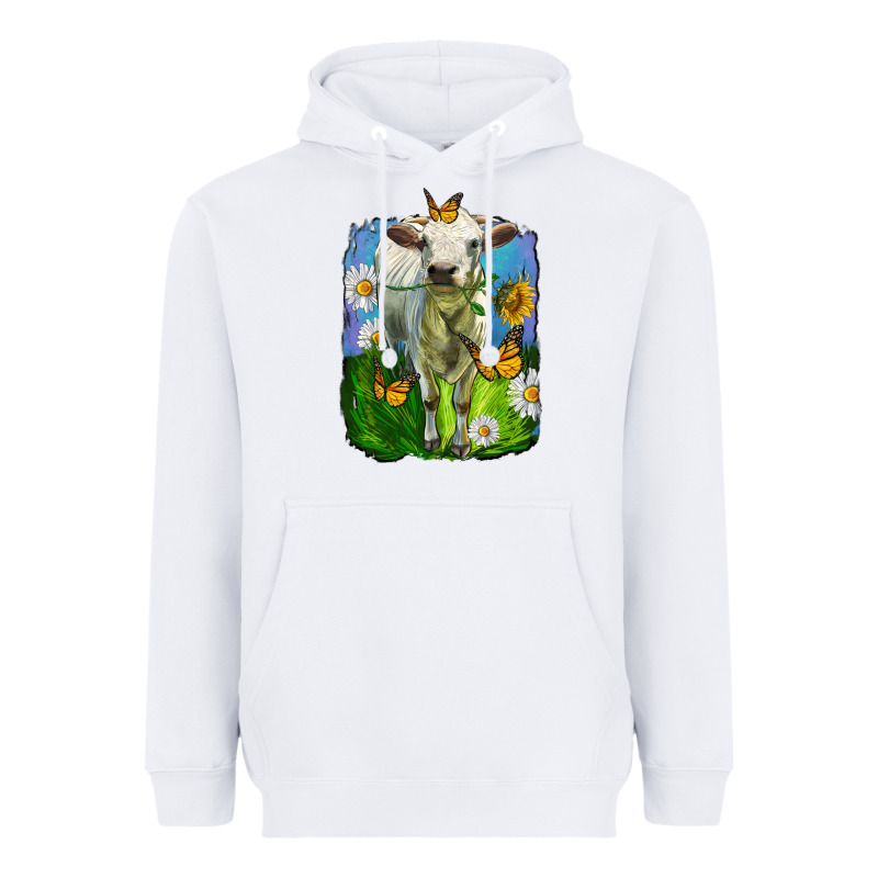 Charolais Heifer With Sunflower And Daisies Heavyweight Hoodie by LillyAllenDesigns | Teevron