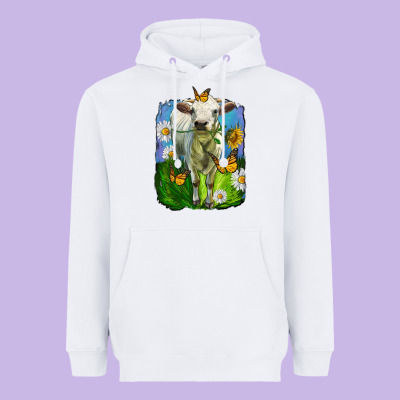 Charolais Heifer With Sunflower And Daisies Heavyweight Hoodie Designed By Lillyallendesigns