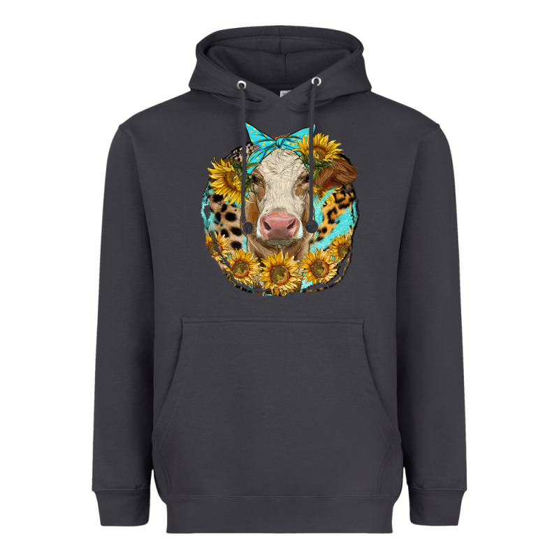 Simmental Heifer With Sunflowers And Leopard Heavyweight Hoodie by LillyAllenDesigns | Teevron