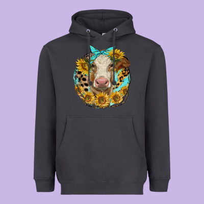 Simmental Heifer With Sunflowers And Leopard Heavyweight Hoodie Designed By Lillyallendesigns