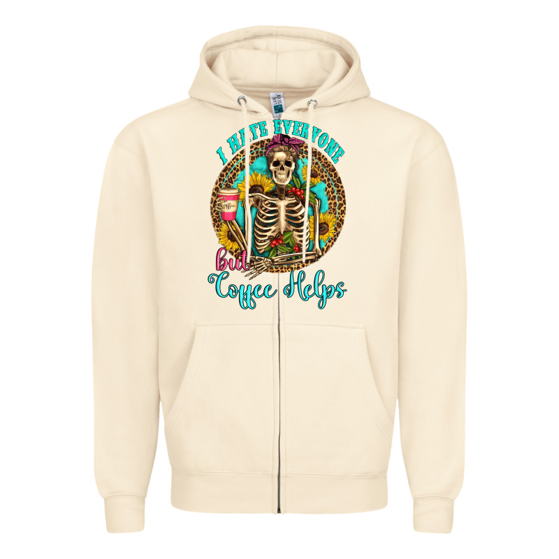 I Hate Everyone But Coffee Helps Western Skeleton Coffee Sunflowers Zipper Hoodie by Artiststas | Teevron