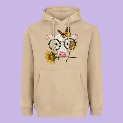 Charolais Calf With Sunflowers And Butterfly Heavyweight Hoodie Designed By Lillyallendesigns