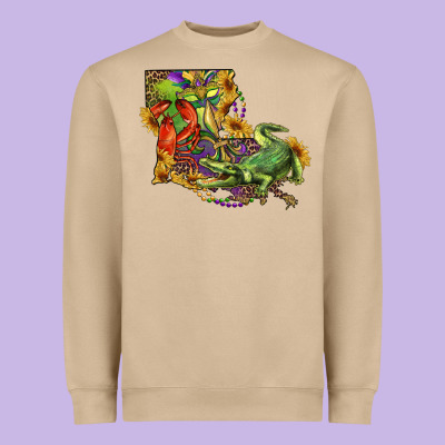 Heavyweight Sweatshirt Louisiana Map With Mardi Gras Crocodile