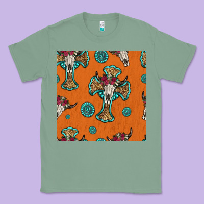 Western Cross And Bull Skull Seamless Pattern Classic Tee Designed By Hra Design Shop
