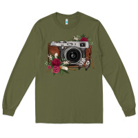 Army Green floral feather vintage camera Long Sleeve Tee - FaDigitalArtStudio