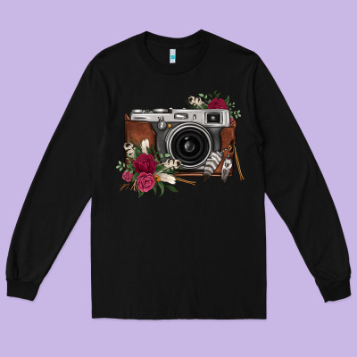 Floral Feather Vintage Camera Long Sleeve Tee Designed By Fadigitalartstudio