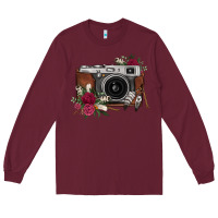 Burgundy floral feather vintage camera Long Sleeve Tee - FaDigitalArtStudio