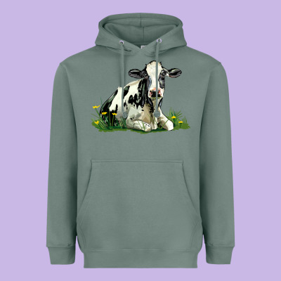 Holstein Cow Sitting Heavyweight Hoodie Designed By Lillyallendesigns