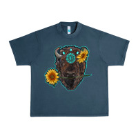 Midnight Navy bison head with sunflowers and gemstone Urban Heavy Tee - RanaPortraitStore