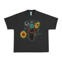 Pigment Black bison head with sunflowers and gemstone Urban Heavy Tee - RanaPortraitStore