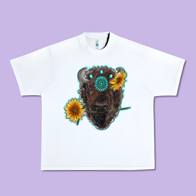 Bison Head With Sunflowers And Gemstone Urban Heavy Tee Designed By Ranaportraitstore