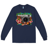 Navy floral lotus leaf film roll vintage camera Long Sleeve Tee - FaDigitalArtStudio