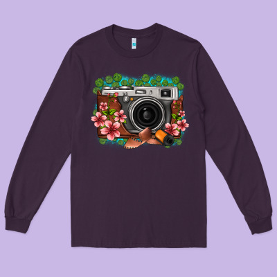 Floral Lotus Leaf Film Roll Vintage Camera Long Sleeve Tee Designed By Fadigitalartstudio