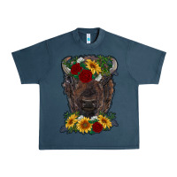 Midnight Navy bison face with flowers Urban Heavy Tee - RanaPortraitStore