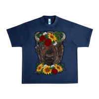 Navy bison face with flowers Urban Heavy Tee - RanaPortraitStore