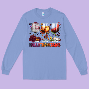 Hallothanksmas Halloween Thanksgiving  Christmas Wine Long Sleeve Tee Designed By Fadigitalartstudio