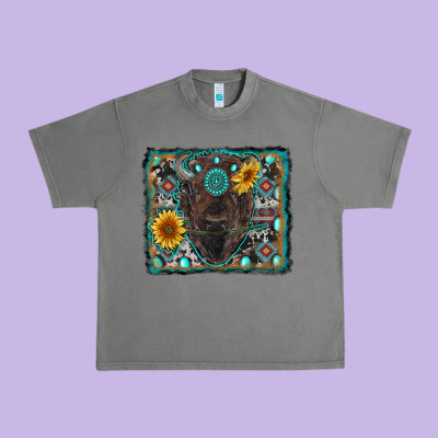 American Bison Wıth Sunflower And Gemstone Urban Heavy Tee Designed By Ranaportraitstore