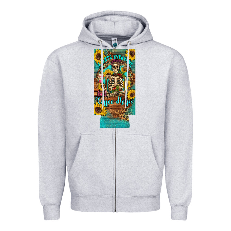 I Hate Everyone But Coffee Helps Western Skeleton Coffee Sunflowers 12 Zipper Hoodie by Artiststas | Teevron