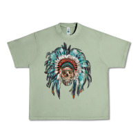 Oil Green indian headdress with native american skull Urban Heavy Tee - RanaPortraitStore
