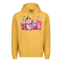 Mustard pink christmas snowman coffee cups Premium Hoodie - MaliasSmallBusiness