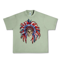 Oil Green american flag indian headdress with skull Urban Heavy Tee - RanaPortraitStore