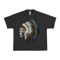 Pigment Black skull with indian headdress Urban Heavy Tee - RanaPortraitStore