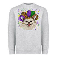 Heather Grey Mardi Gras White Pomeranian with Hat Heavyweight Sweatshirt - RanaPortraitStore