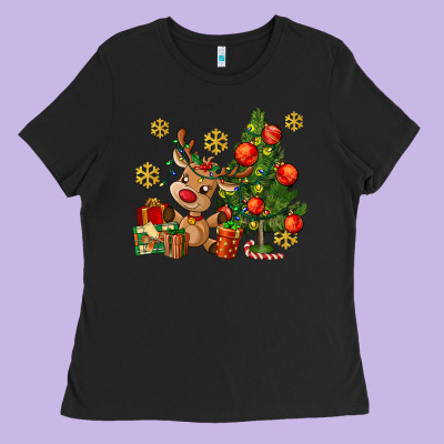 Reindeer And Christmas Tree Ladies Tee Designed By Adodesignshop