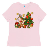 Bubblegum Pink reindeer and christmas tree Ladies Tee - AdoDesignShop