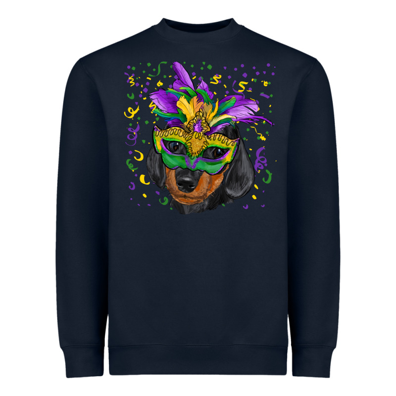 Mardi Gras Dachshund Puppy With Mask Heavyweight Sweatshirt by RanaPortraitStore | Teevron