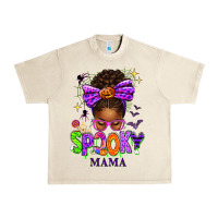 Sandshell Halloween Afro Messy Bun Spooky Mama Urban Heavy Tee - texasbilliewilder