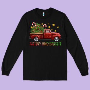 Merry And Bright Christmas Trees Truck Long Sleeve Tee Designed By Fadigitalartstudio
