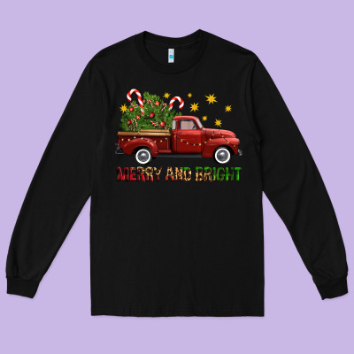 Merry And Bright Christmas Trees Truck Long Sleeve Tee Designed By Fadigitalartstudio