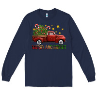Navy Merry And Bright Christmas Trees Truck Long Sleeve Tee - FaDigitalArtStudio