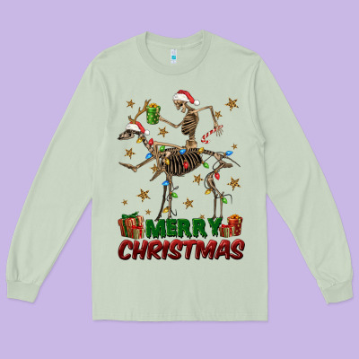 Merry Christmas Deer Skeleton Long Sleeve Tee Designed By Fadigitalartstudio
