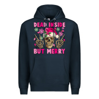 Navy Dead inside but merry pink Christmas skeleton Premium Hoodie - NancyCooperArtShop