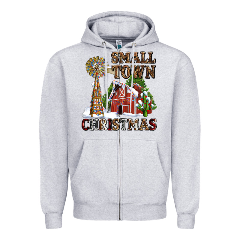 Small Town Christmas With Barn And Cactus Zipper Hoodie by AdoDesignShop | Teevron