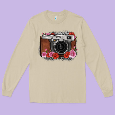 Rose Grey Leopard Vintage Camera Long Sleeve Tee Designed By Fadigitalartstudio