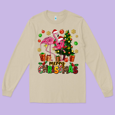 Flamingo Merry Christmas Long Sleeve Tee Designed By Adodesignshop