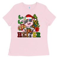 Bubblegum Pink ho ho heifer little cute christmas cow Ladies Tee - AdoDesignShop