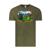 Vintage Olive western barnyard black angus cattle longhorn rooster and chicks Vintage Tee - RanaPortraitStore