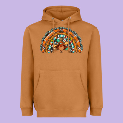 Turquoise Thanksgiving Turkey Rainbow Heavyweight Hoodie Designed By Jasminsmagicworld
