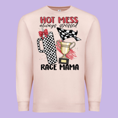 Hot Mess Always Stressed Race Mama Premium Sweatshirt Designed By Maliassmallbusiness