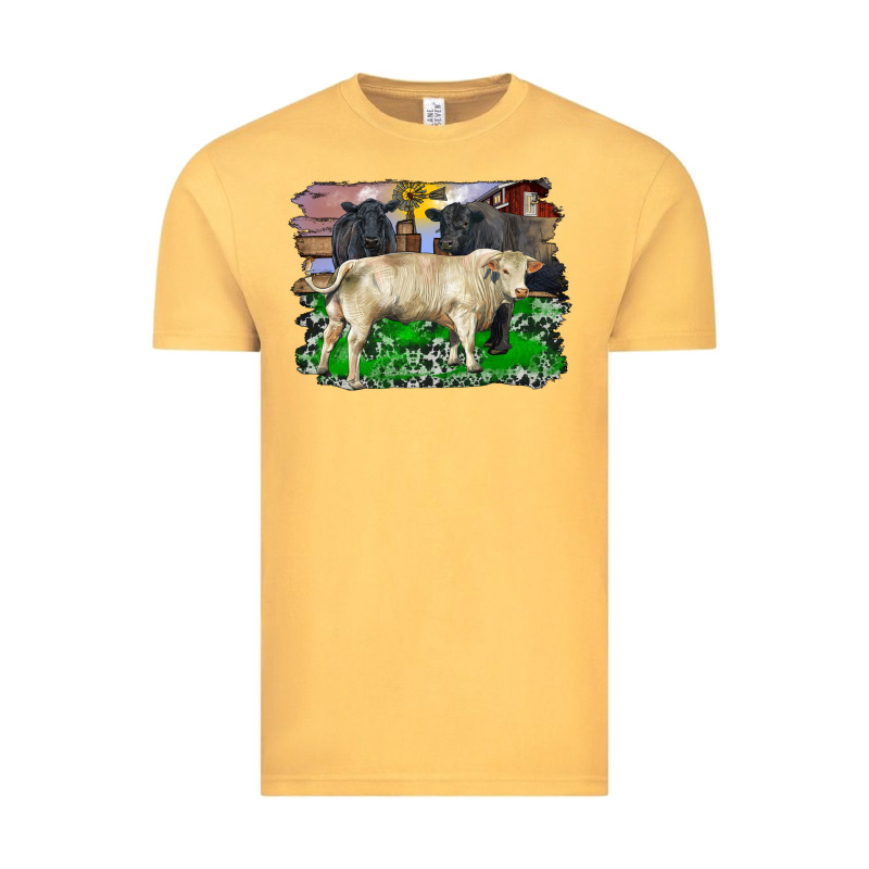 Charolais Bull Black Angus Cattle And Bull With Barnyard And Cowhide Vintage Tee by RanaPortraitStore | Teevron