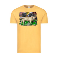 Vintage Mustard charolais bull black angus cattle and bull with barnyard and cowhide Vintage Tee - RanaPortraitStore