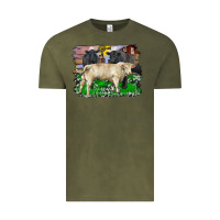Vintage Olive charolais bull black angus cattle and bull with barnyard and cowhide Vintage Tee - RanaPortraitStore