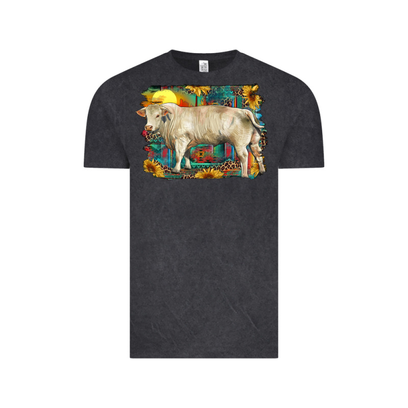 Western Charolais Bull And Aztec Sunflower Background Vintage Tee by RanaPortraitStore | Teevron