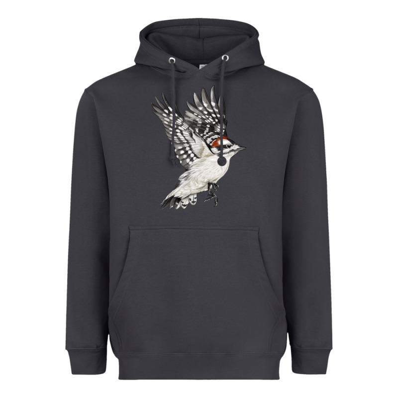 Flying Downy Woodpecker Heavyweight Hoodie by LillyAllenDesigns | Teevron